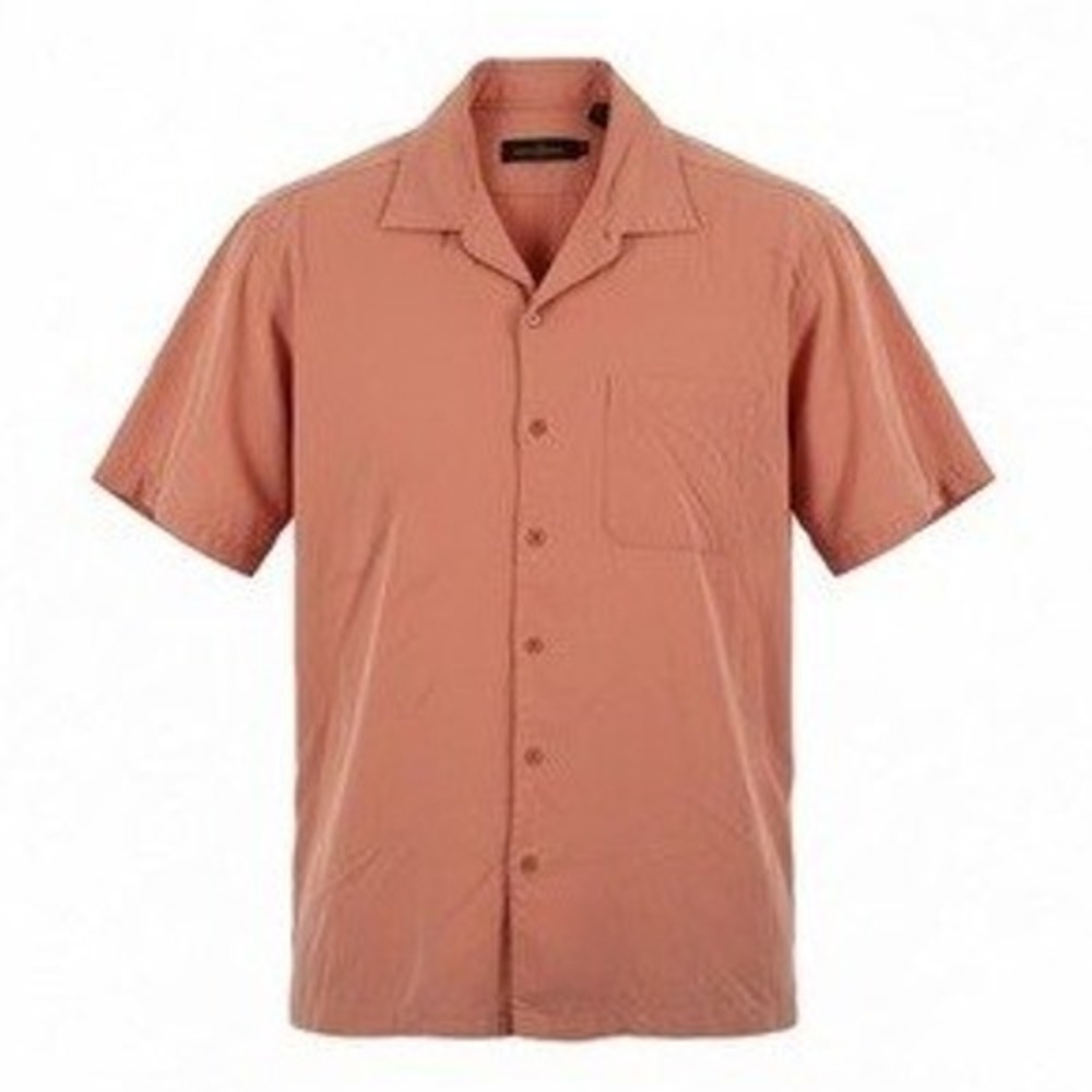 Bugatchi Men M Short Sleeve Shirt Men Salmon Pink Tencel Button Up Pocket Medium - Picture 1 of 14